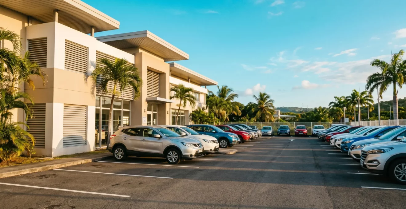 Vue extérieure d'une concession automobile professionnelle avec des véhicules d'occasion exposés dans un parking organisé, architecture moderne adaptée