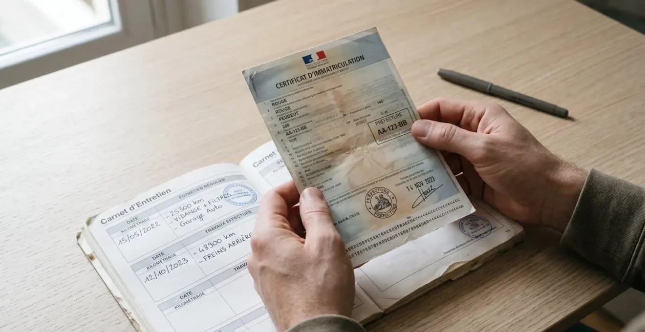 Mains tenant un certificat d'immatriculation français (carte grise) et un carnet d'entretien ouvert posés sur un bureau, documents administratifs pour achat véhicule d'occasion