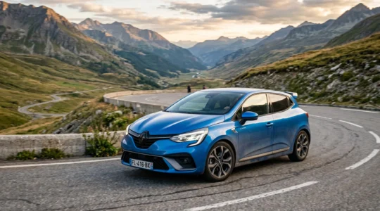 Renault Clio 5 Esprit Alpine bleu sport sur route de montagne