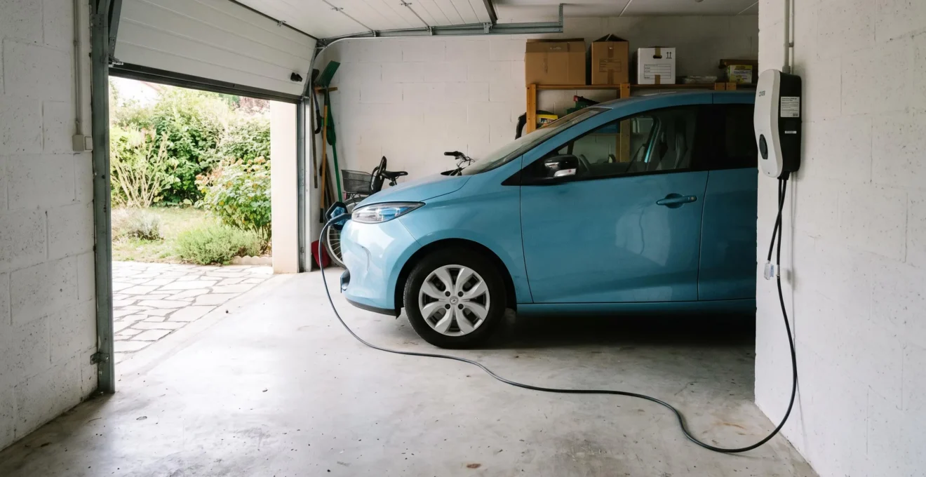 Citadine électrique compacte bleue claire branchée à une borne de recharge murale blanche dans un garage résidentiel français, porte semi-ouverte laissant entrer la lumière matinale