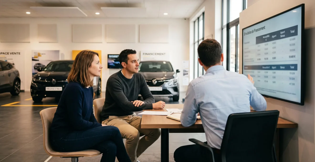 Couple d'une trentaine d'années assis face à un conseiller automobile qui présente sur un grand écran une simulation financière de leasing dans un showroom moderne français aux tons blancs