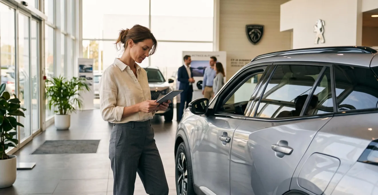 Femme d'une trentaine d'années consultant une tablette numérique tout en inspectant un SUV électrique compact dans un showroom automobile français lumineux aux tons blancs et gris