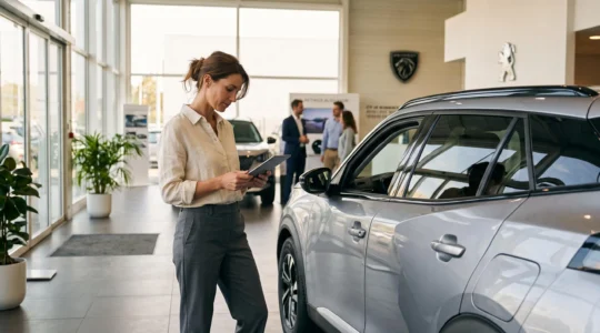 Femme d'une trentaine d'années consultant une tablette numérique tout en inspectant un SUV électrique compact dans un showroom automobile français lumineux aux tons blancs et gris