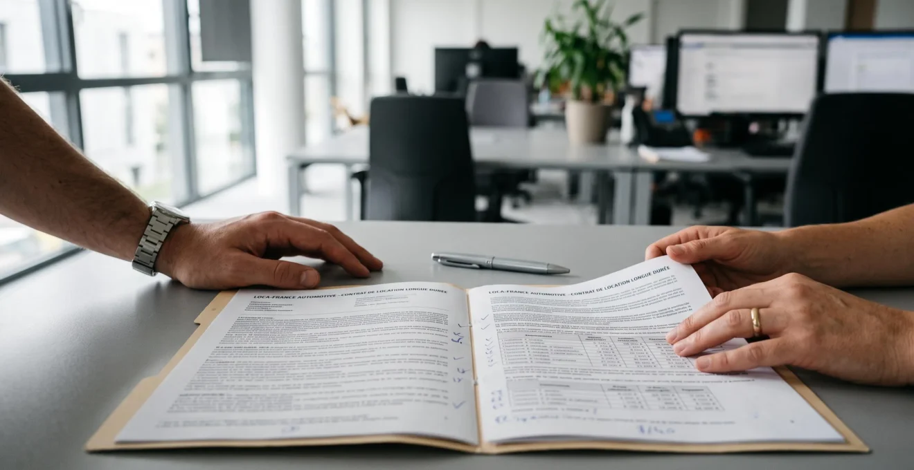Deux paires de mains pointant des clauses dans un contrat de leasing automobile ouvert sur un bureau moderne, avec stylo posé à côté, dans une atmosphère professionnelle de décryptage contractuel